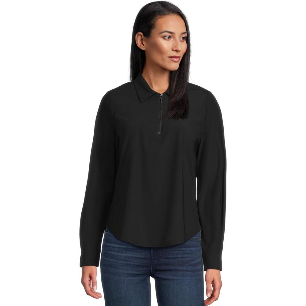 image:imageLiverpool Womens Long Sleeve Collared Zip Front Knit ShirtBlack