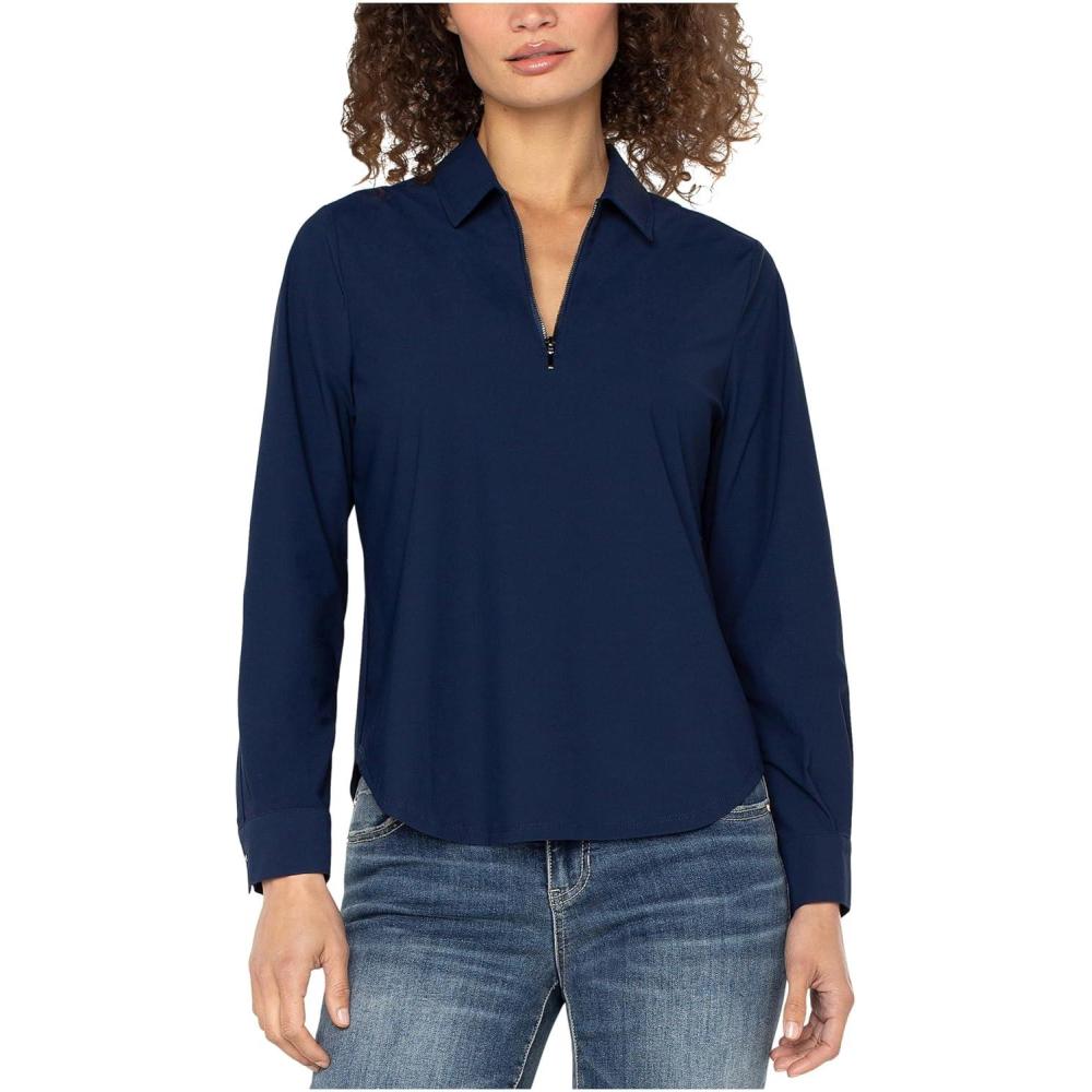 image:imageLiverpool Womens Long Sleeve Collared Zip Front Knit ShirtDark Navy