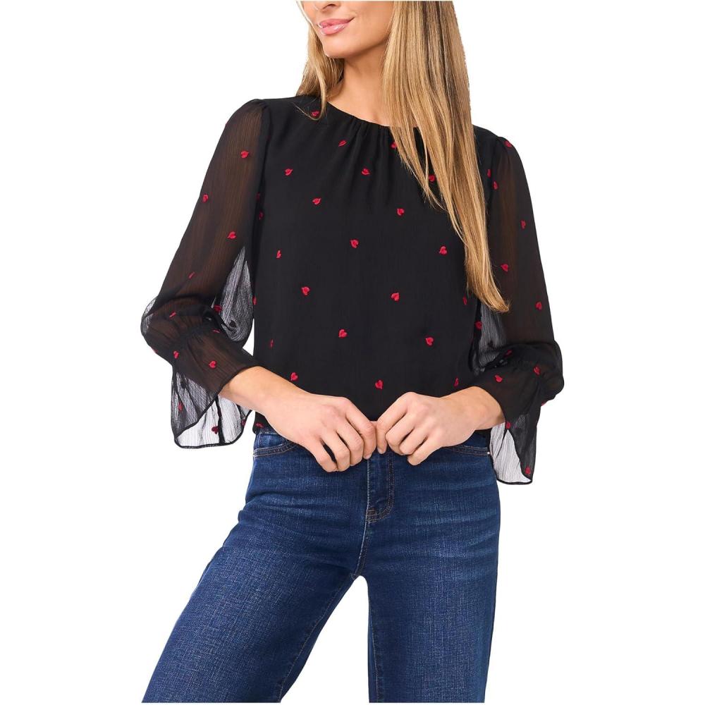 image:imageCeCe Womens 34 Sleeve Shirred Neck Embroidery Hearts TopRich Black