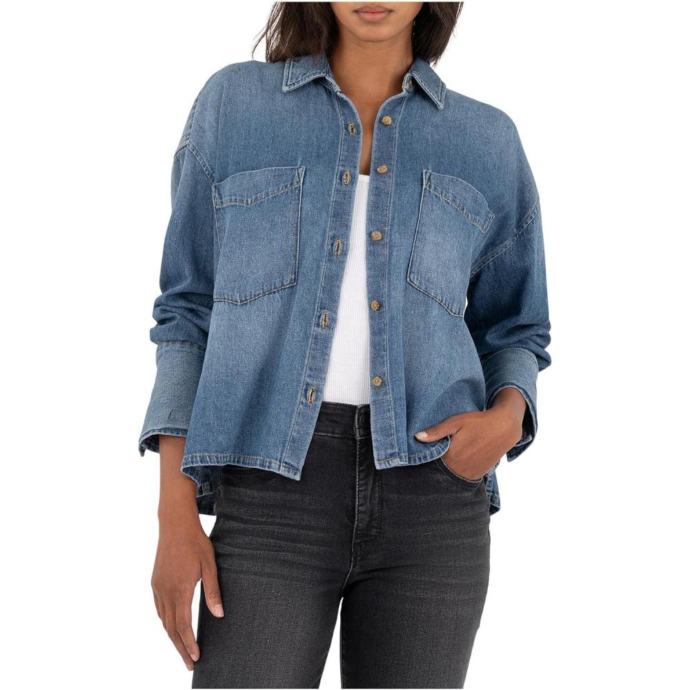 image:imageKUT from the Kloth Womens GertieButton Front Shirt Long SleeveWidecuff WPocketVintage Wash