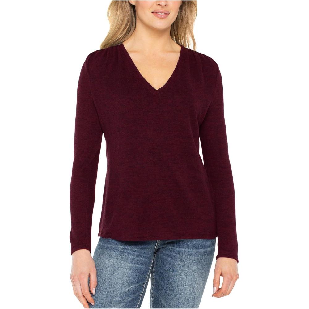 image:imageLiverpool Womens Long Sleeve VNeck Knit Top WShirringMaroon Melange