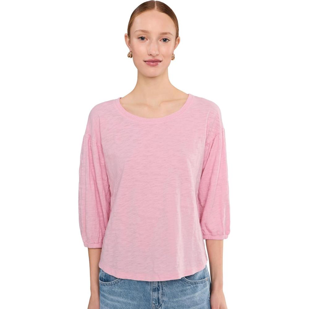 image:imageModODoc Womens 34 Shirred Sleeve Open Crew Neck TeePearly Pink
