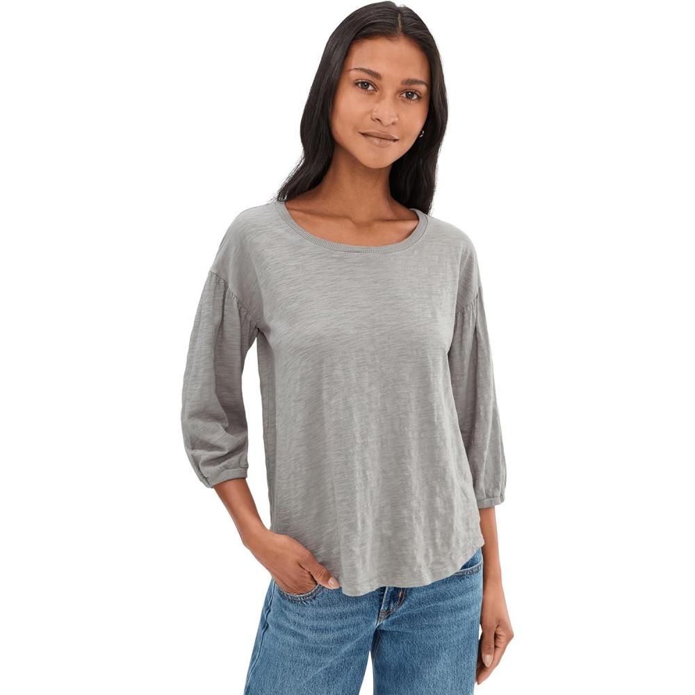 image:imageModODoc Womens 34 Shirred Sleeve Open Crew Neck TeeSilver Frost