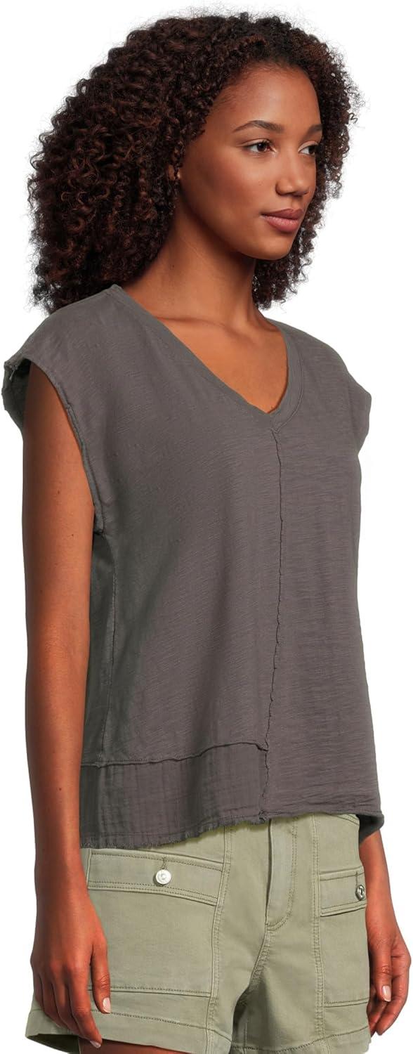 image:imageModODoc Womens Cap Dolman Sleeve Mix Media TopWashed Ebony
