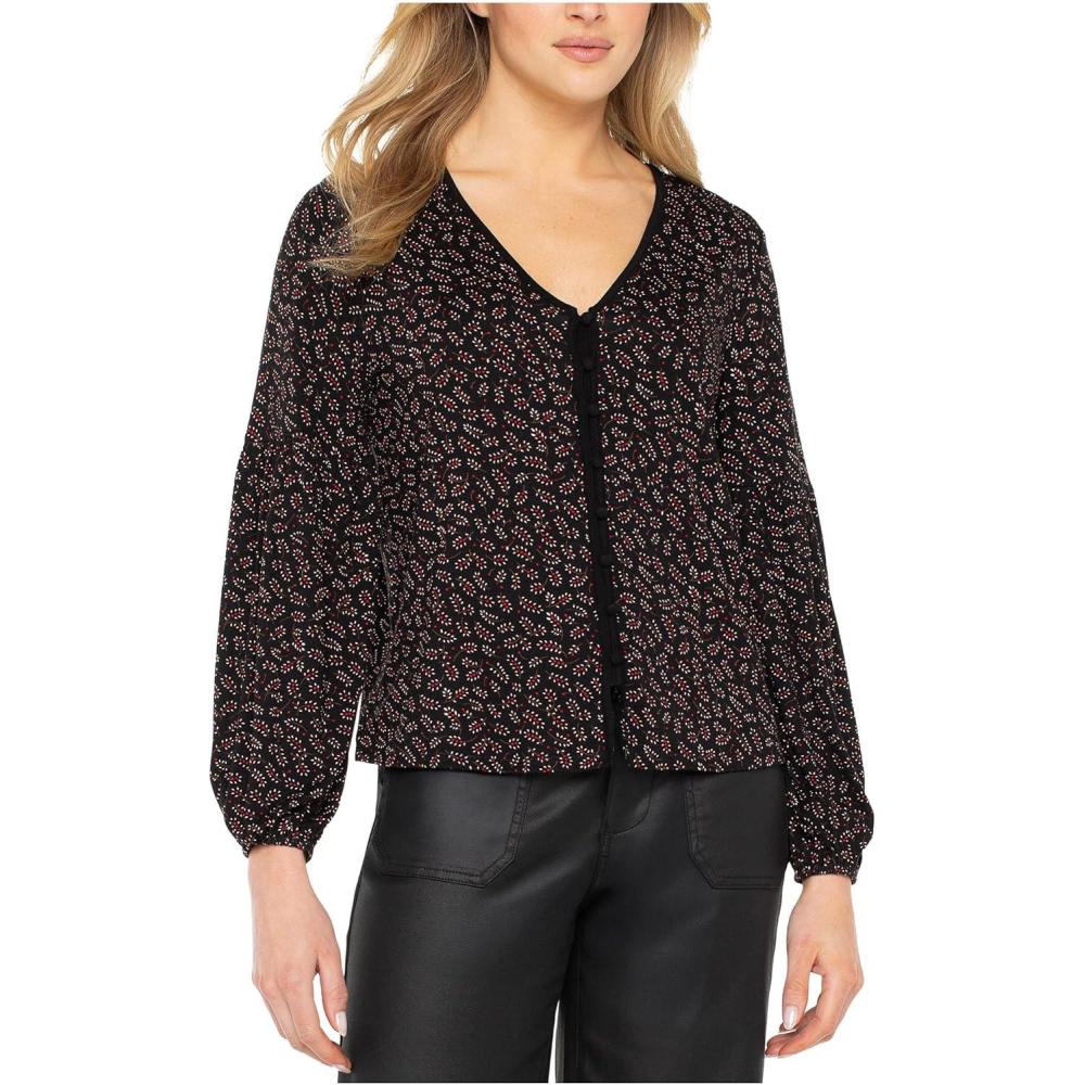 image:imageLiverpool Womens Long Sleeve Button Front Knit TopBlack Red Ditsy