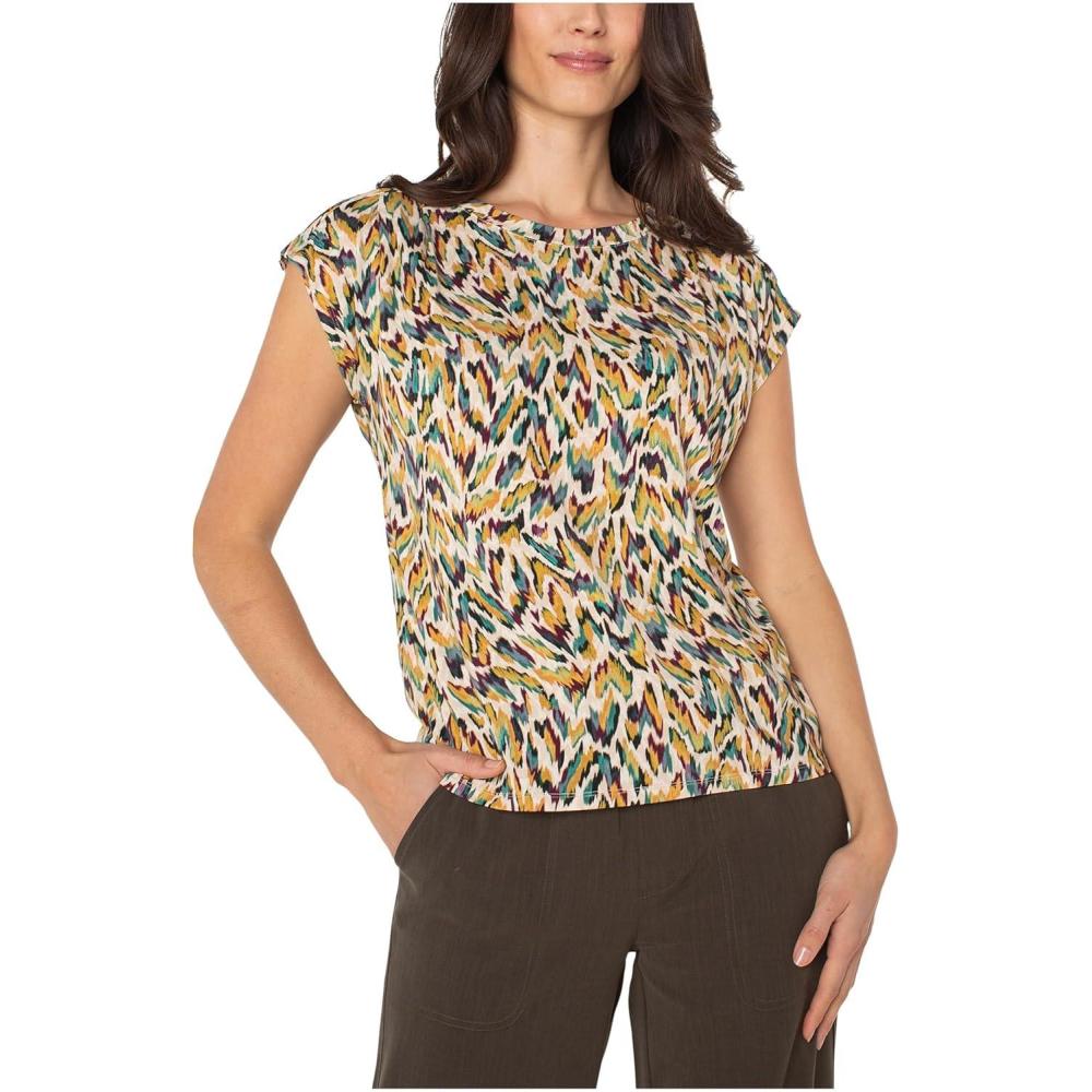 image:imageLiverpool Womens Sleeveless Shoulder Pleat Boat Neck Knit TopGreen Multi Animal