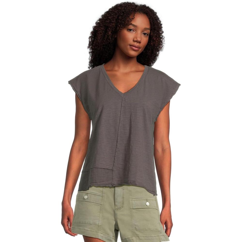 image:imageModODoc Womens Cap Dolman Sleeve Mix Media TopWashed Ebony