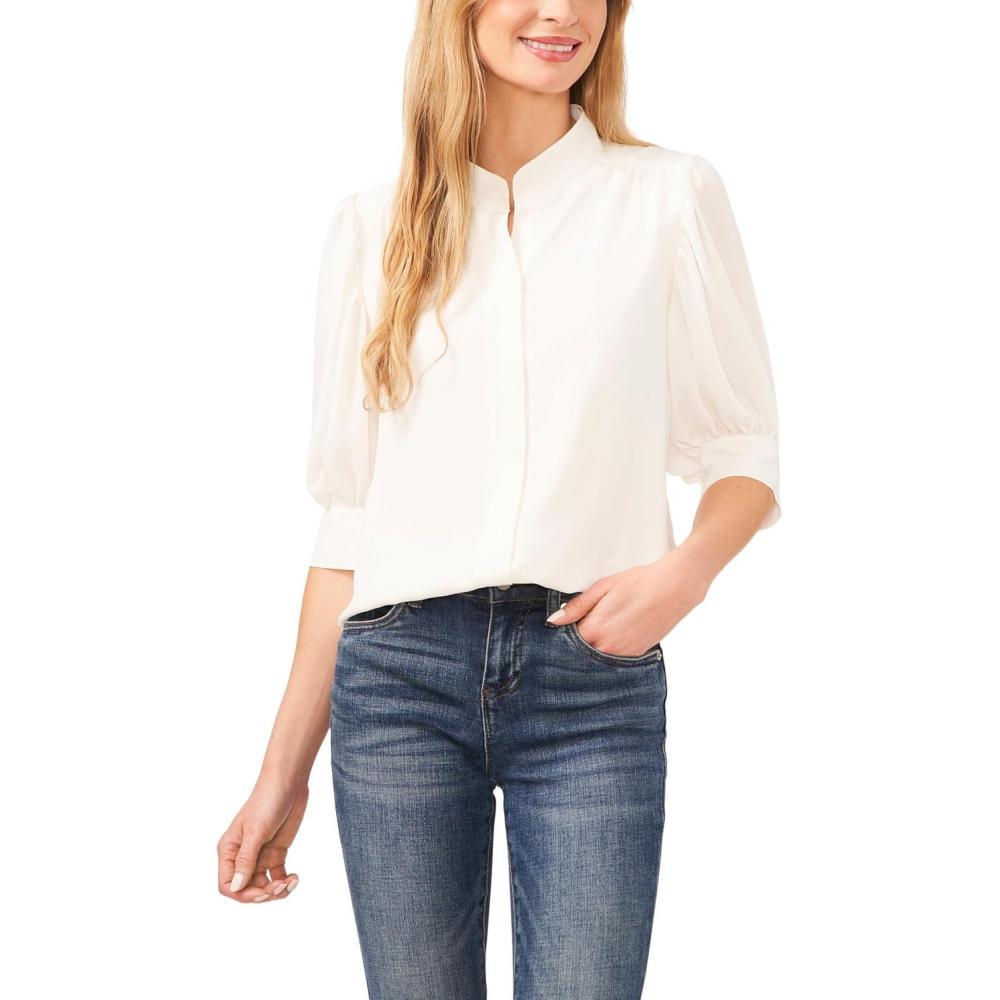 image:imageCeCe Womens Short Sleeve Hidden Placket TopNew Ivory