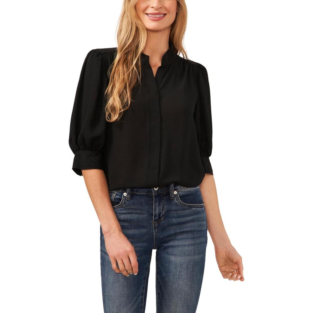 image:imageCeCe Womens Short Sleeve Hidden Placket TopRich Black