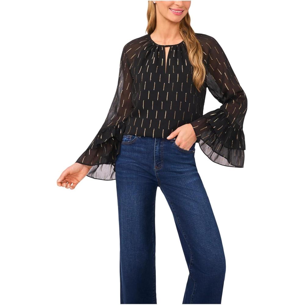 image:imageCeCe Womens Tiered Sleeve Front Keyhole BlouseRich Black