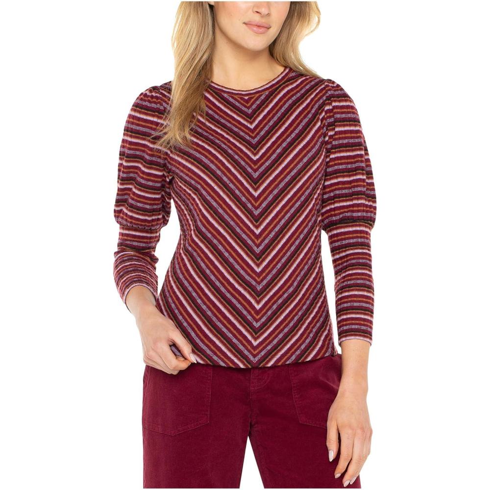 image:imageLiverpool Womens 34 Juliette Sleeve Crew Neck Knit Top WMiterBurgundy Multi Stripe