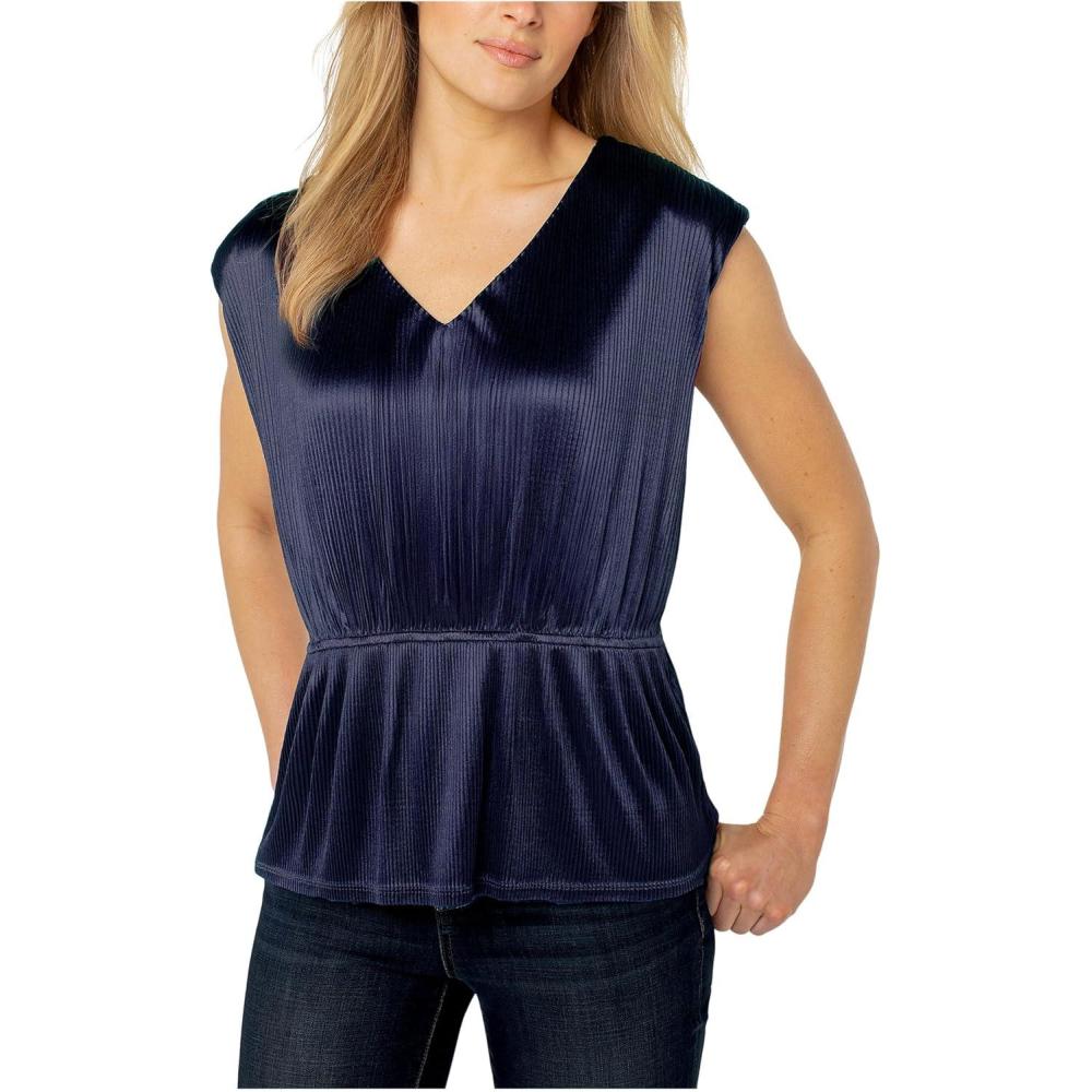 image:imageLiverpool Womens Short Sleeve Dolman VNeck Peplum Knit TopNavy