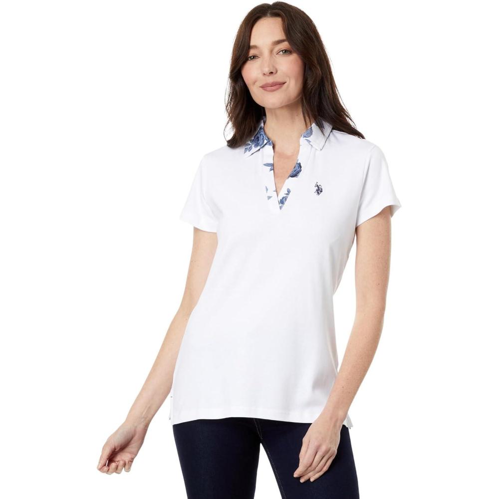 image:imageSPLIT NECK ROSE PRINT POLO SHIRTWhite