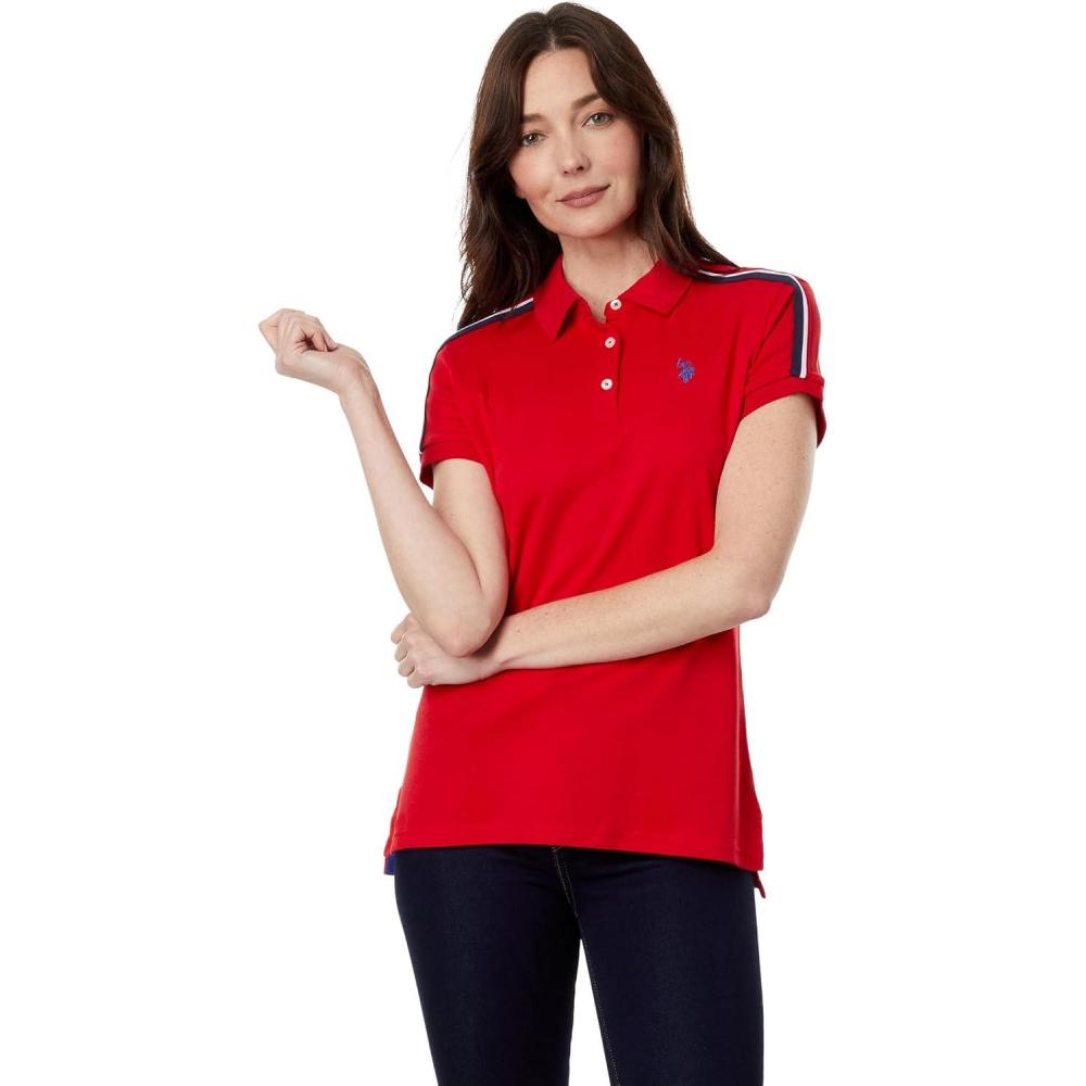 image:imageMULTI SHOULDER STRIPE POLO SHIRTRacing Red