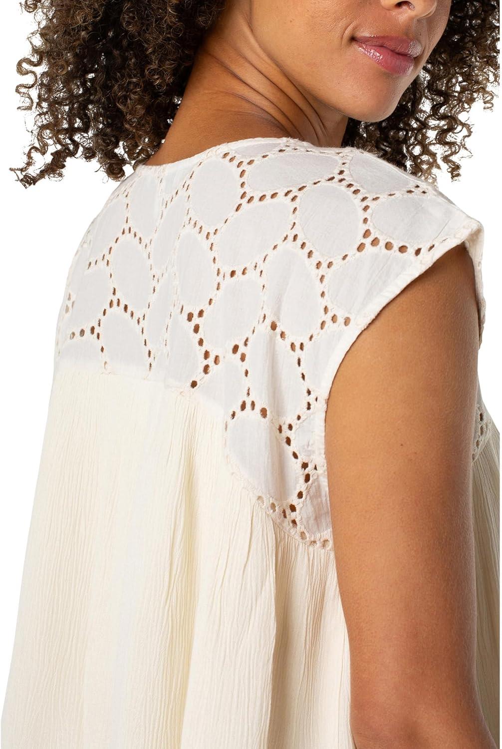 image:imageLiverpool Womens Short Sleeve Dolman Boat Neck Woven Blouse W EmbroideryVanilla Eyelet