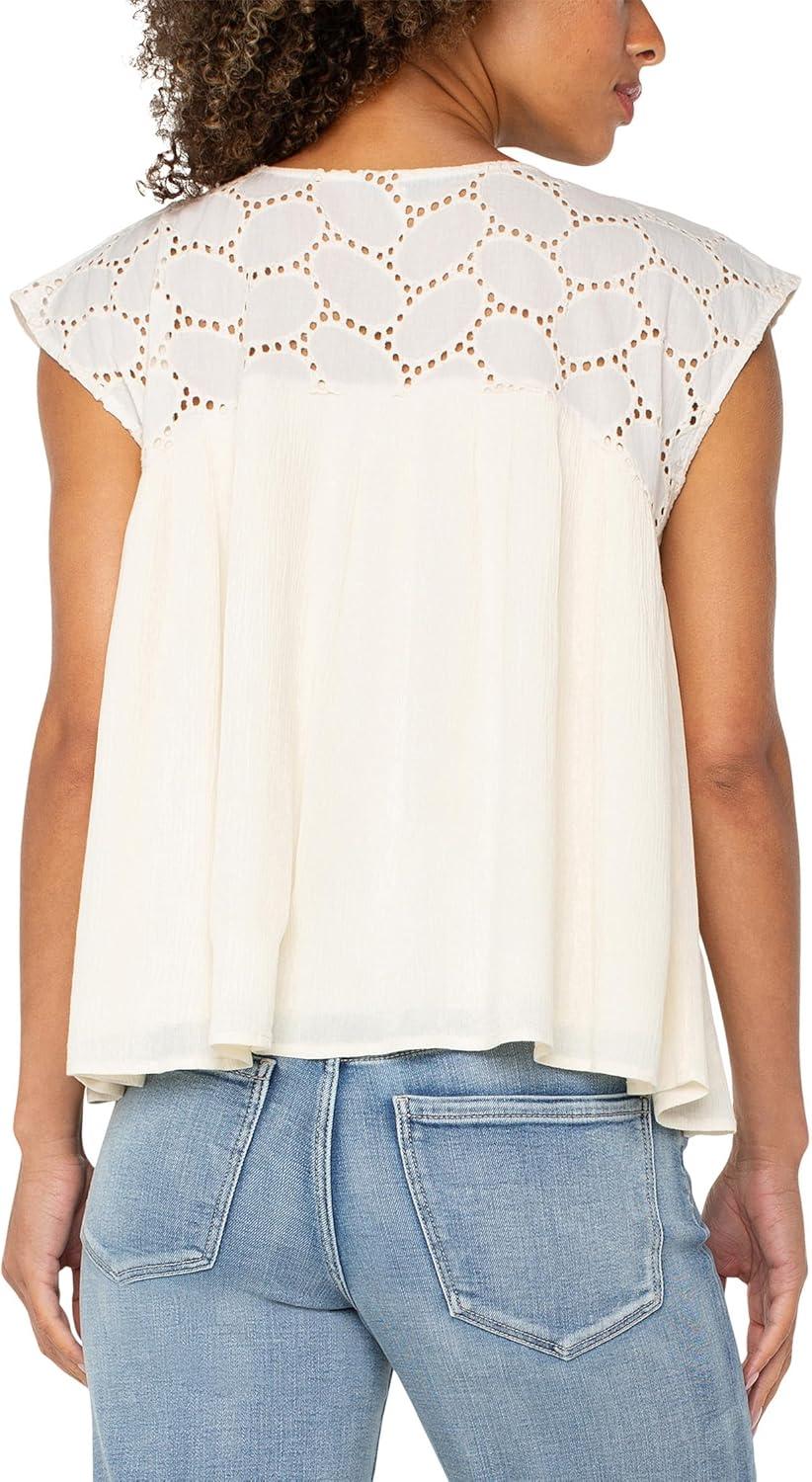 image:imageLiverpool Womens Short Sleeve Dolman Boat Neck Woven Blouse W EmbroideryVanilla Eyelet