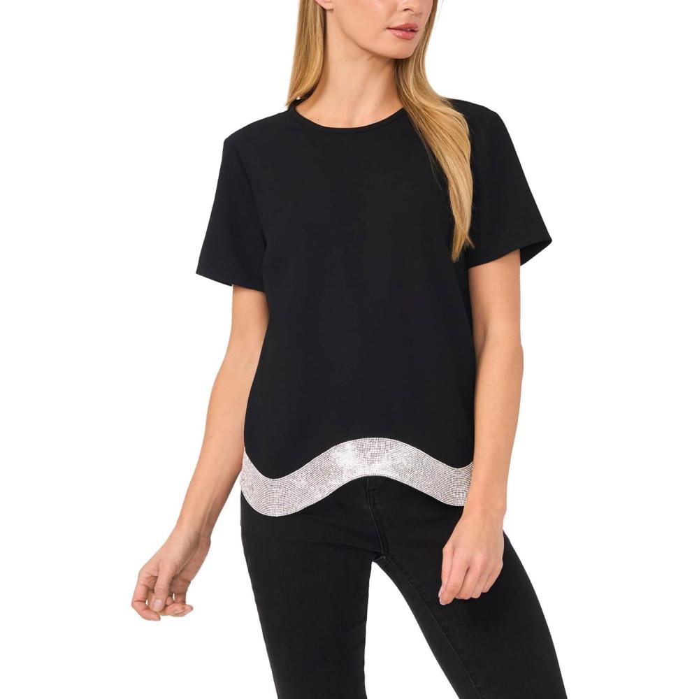 image:imageCeCe Womens Crew Neck Top with Rhinstone Wavy HemRich Black