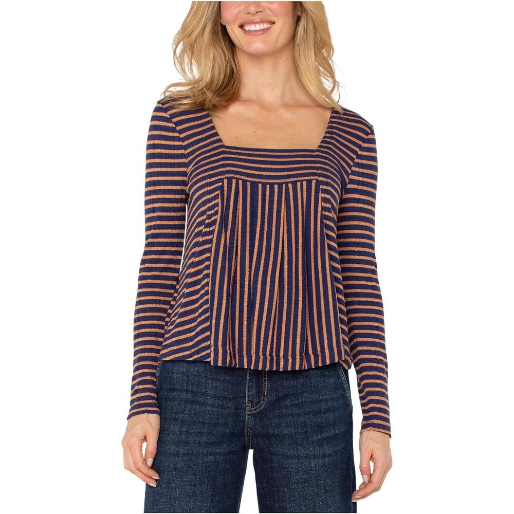 image:imageLiverpool Womens Long Sleeve Square Neck Knit TopBlueGinger Stripe