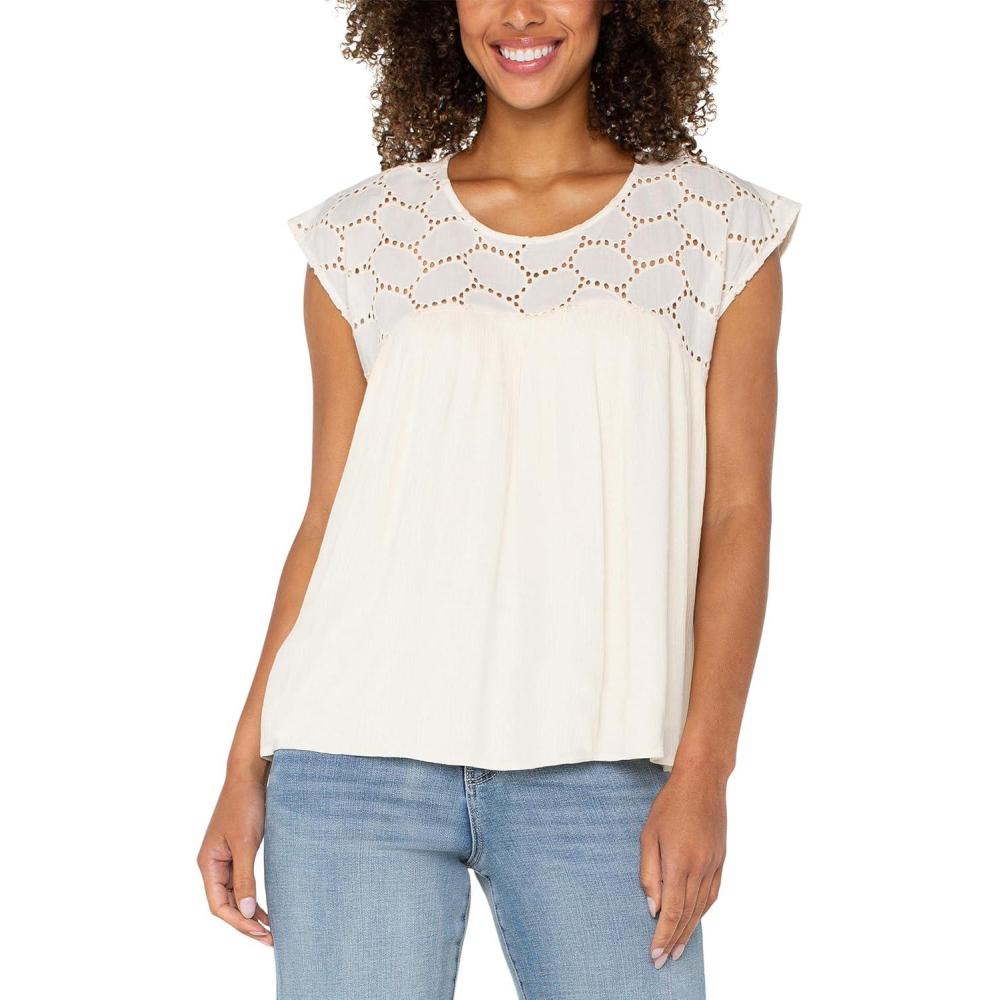 image:imageLiverpool Womens Short Sleeve Dolman Boat Neck Woven Blouse W EmbroideryVanilla Eyelet