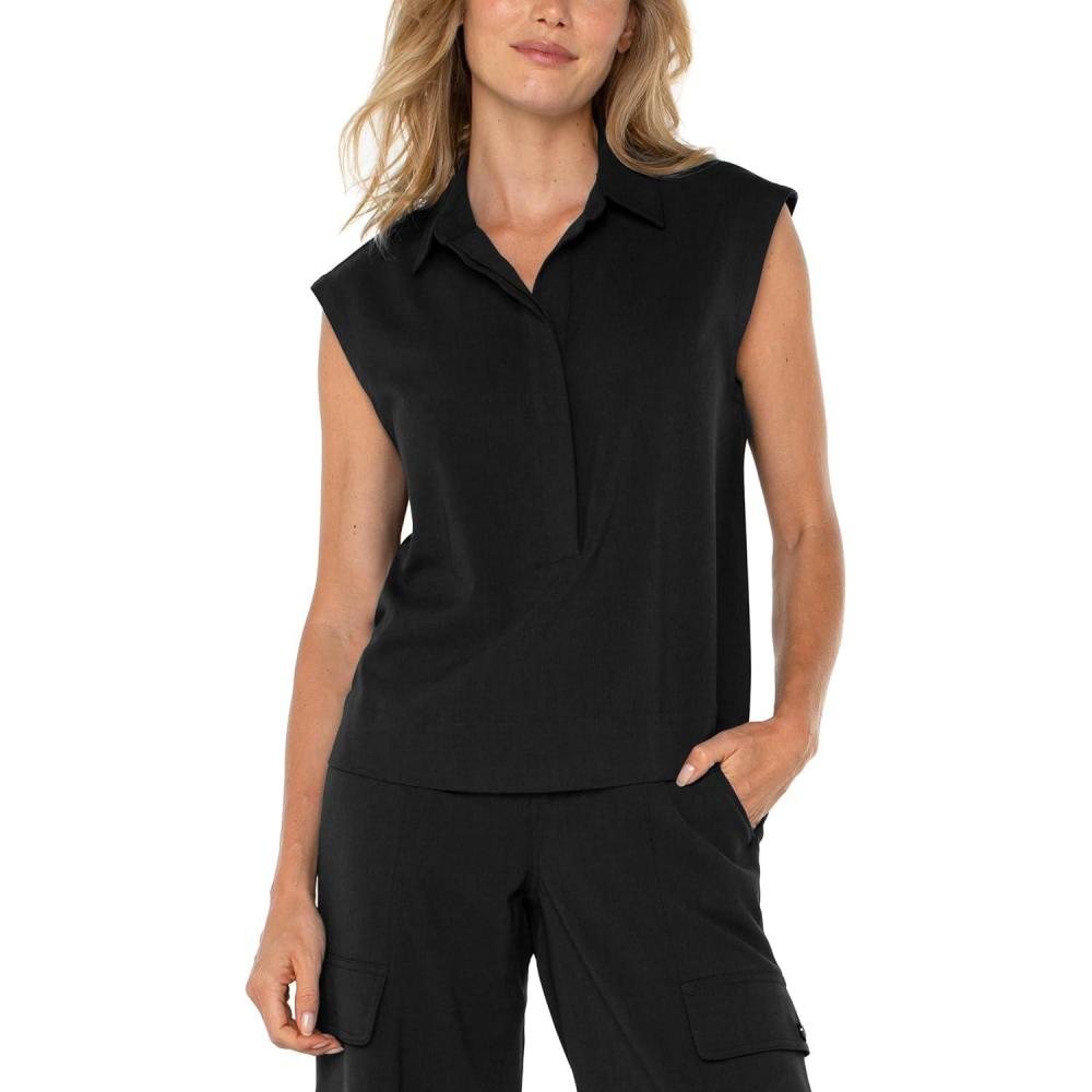 image:imageLiverpool Womens Sleeveless Cropped Shirt with Elastic at WaistBlack