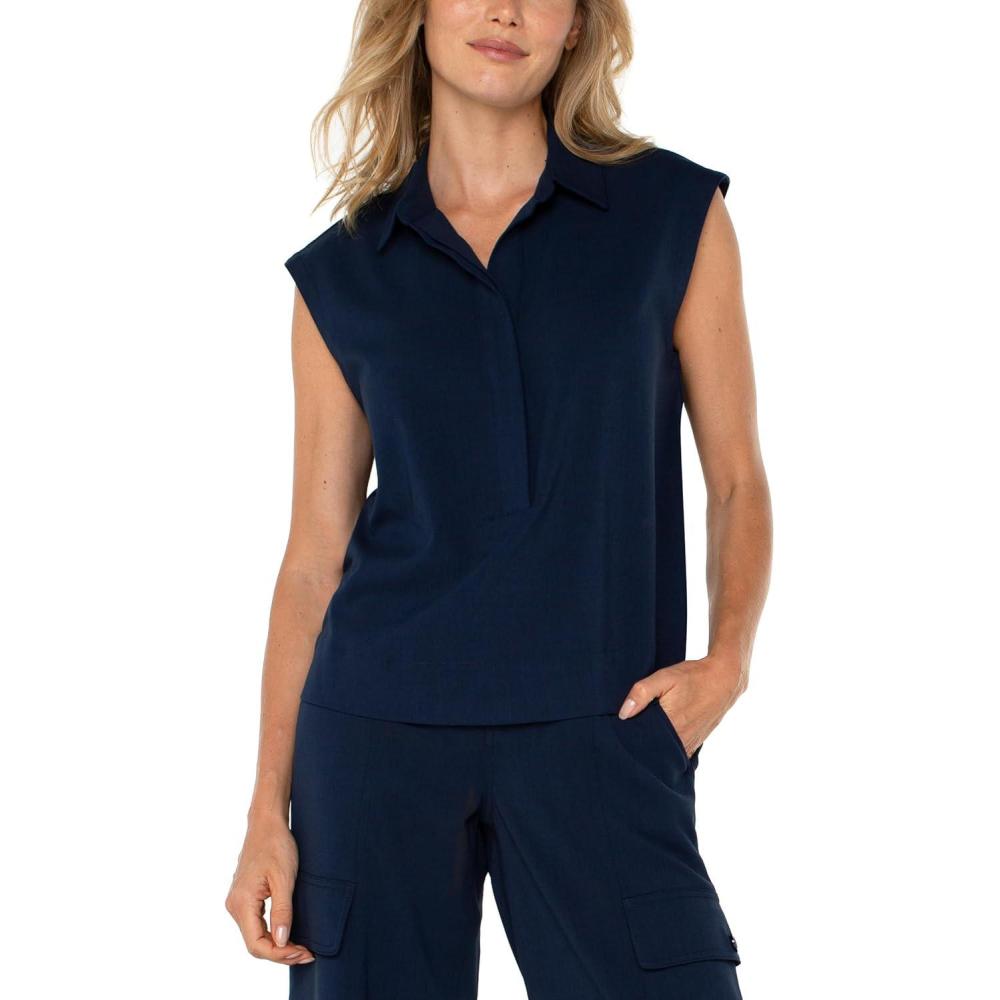 image:imageLiverpool Womens Sleeveless Cropped Shirt with Elastic at WaistDark Navy