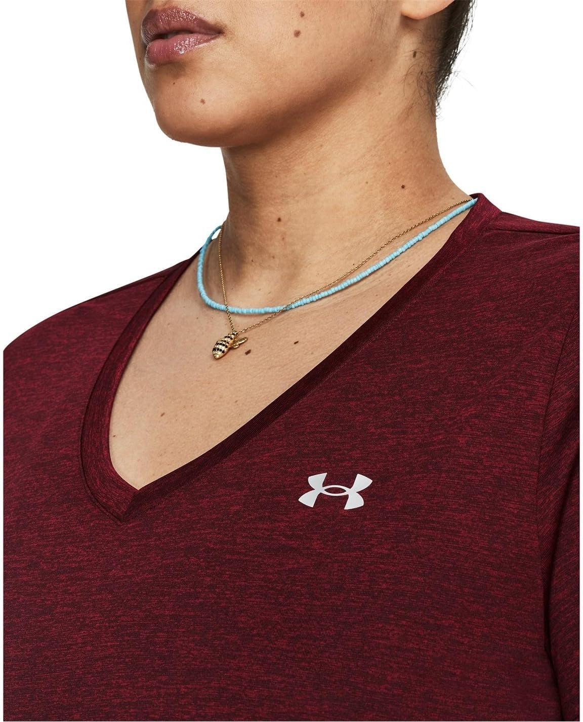 image:imageUnder Armour Womens Tech ShortSleeve VNeck Twist600 Dark Maroon Metallic Silver