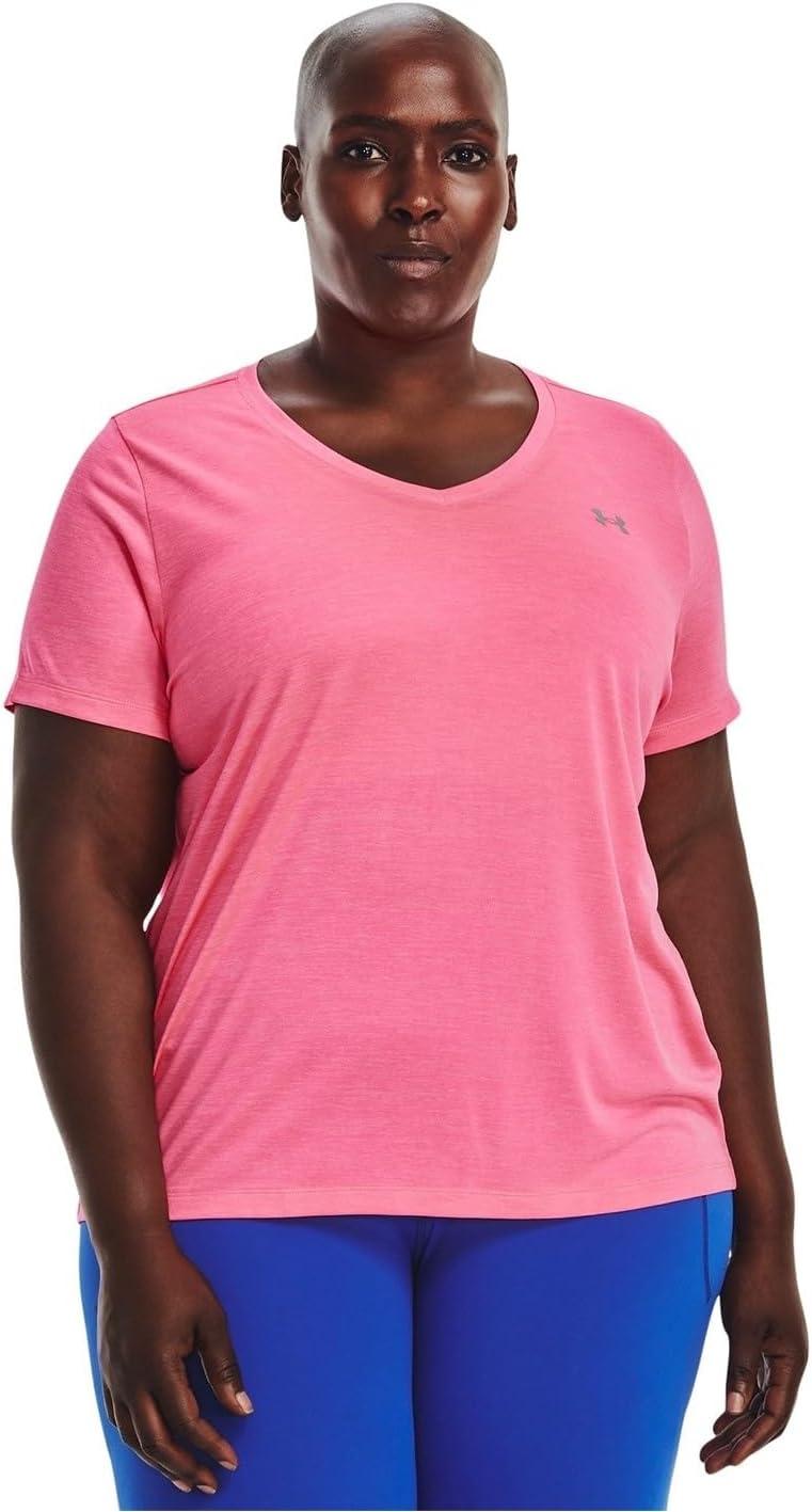 image:imageUnder Armour Womens Tech ShortSleeve VNeck Twist643 Pink Punk Metallic Silver