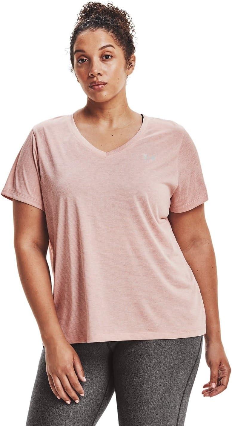 image:imageUnder Armour Womens Tech ShortSleeve VNeck TwistMicro Pink 685Metallic Silver