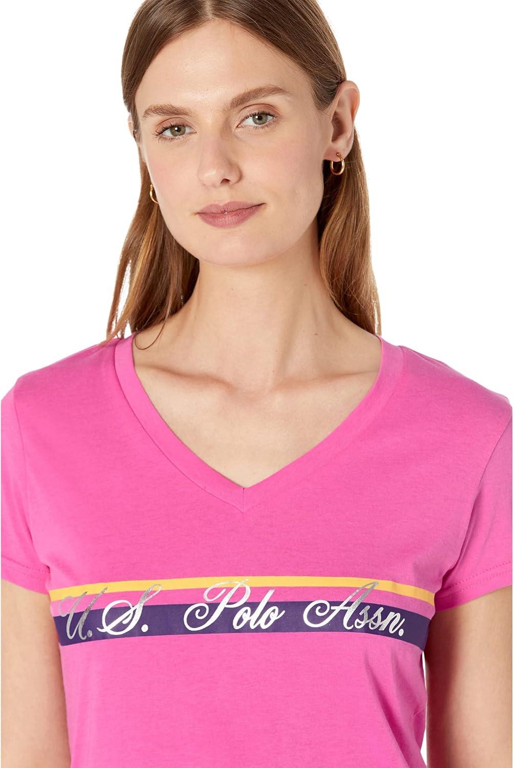 image:imageVNECK STRIPE FOIL GRAPHIC TSHIRTPink Pizazz