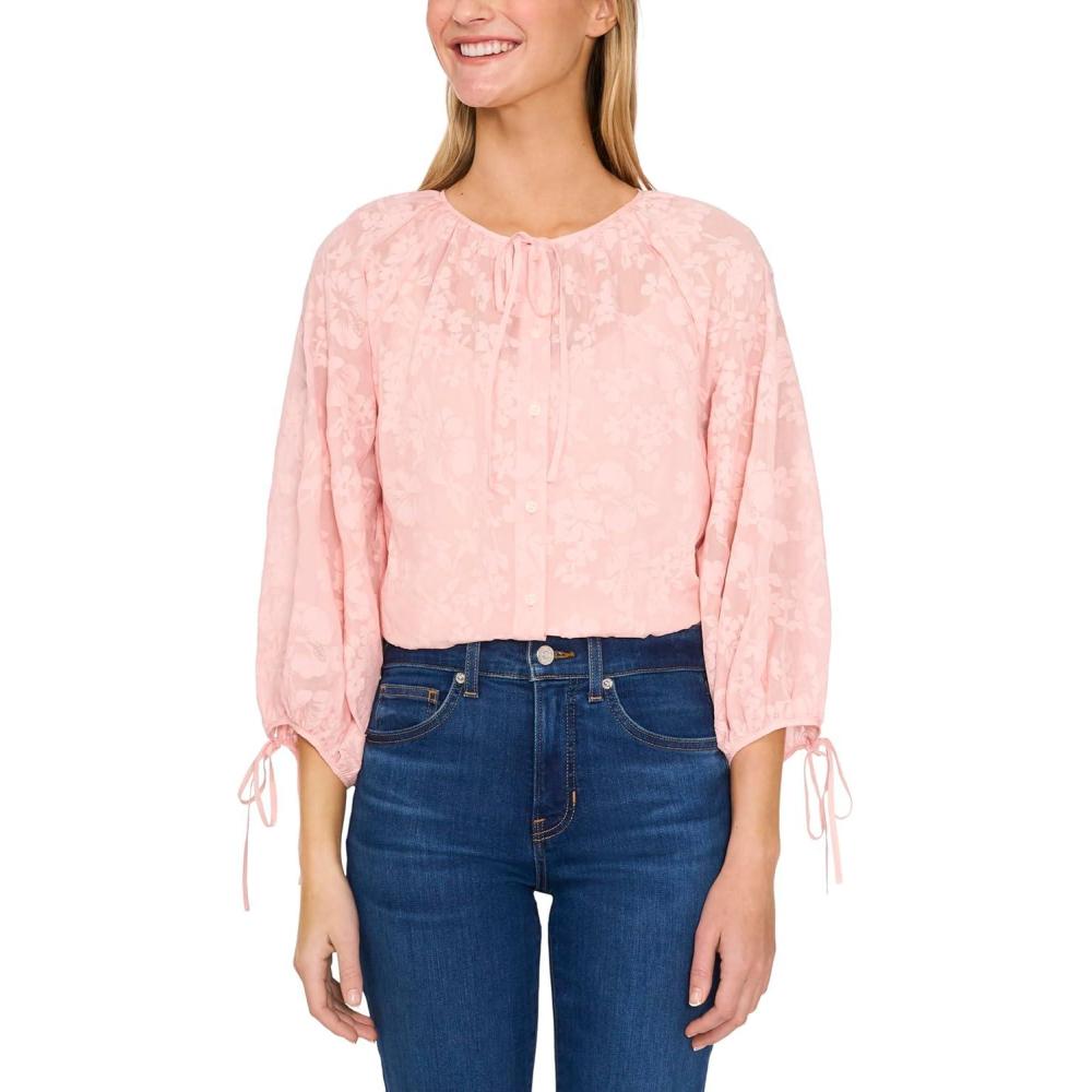 image:imageCeCe Womens Button Up Top WPuff Sleeves amp Front TieSugar Peach