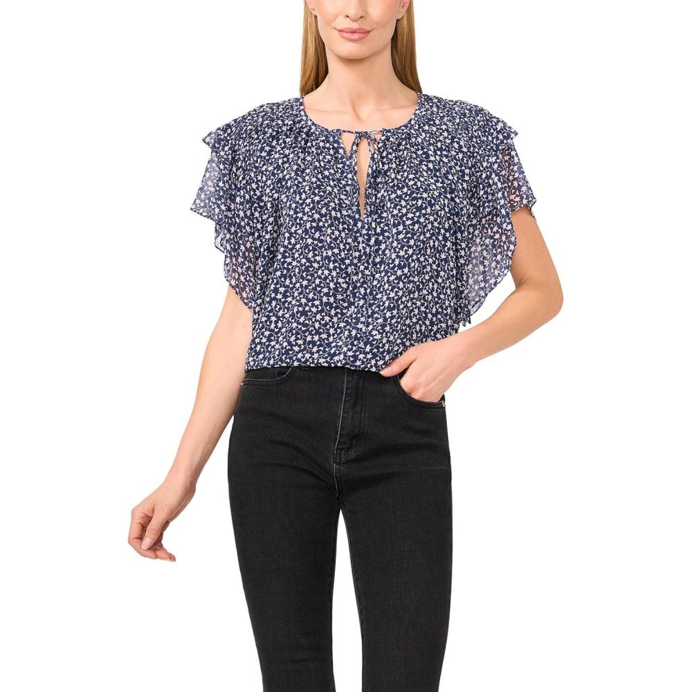 image:imageCeCe Womens Printed Tie Neck Double Ruffled Sleeve TopClassic Navy