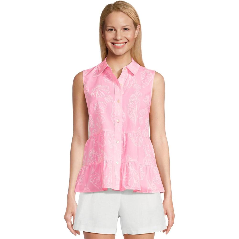 image:imageLilly Pulitzer Womens Breah Sleeveless Button DRousseau Pink Cool as Shell Overprint