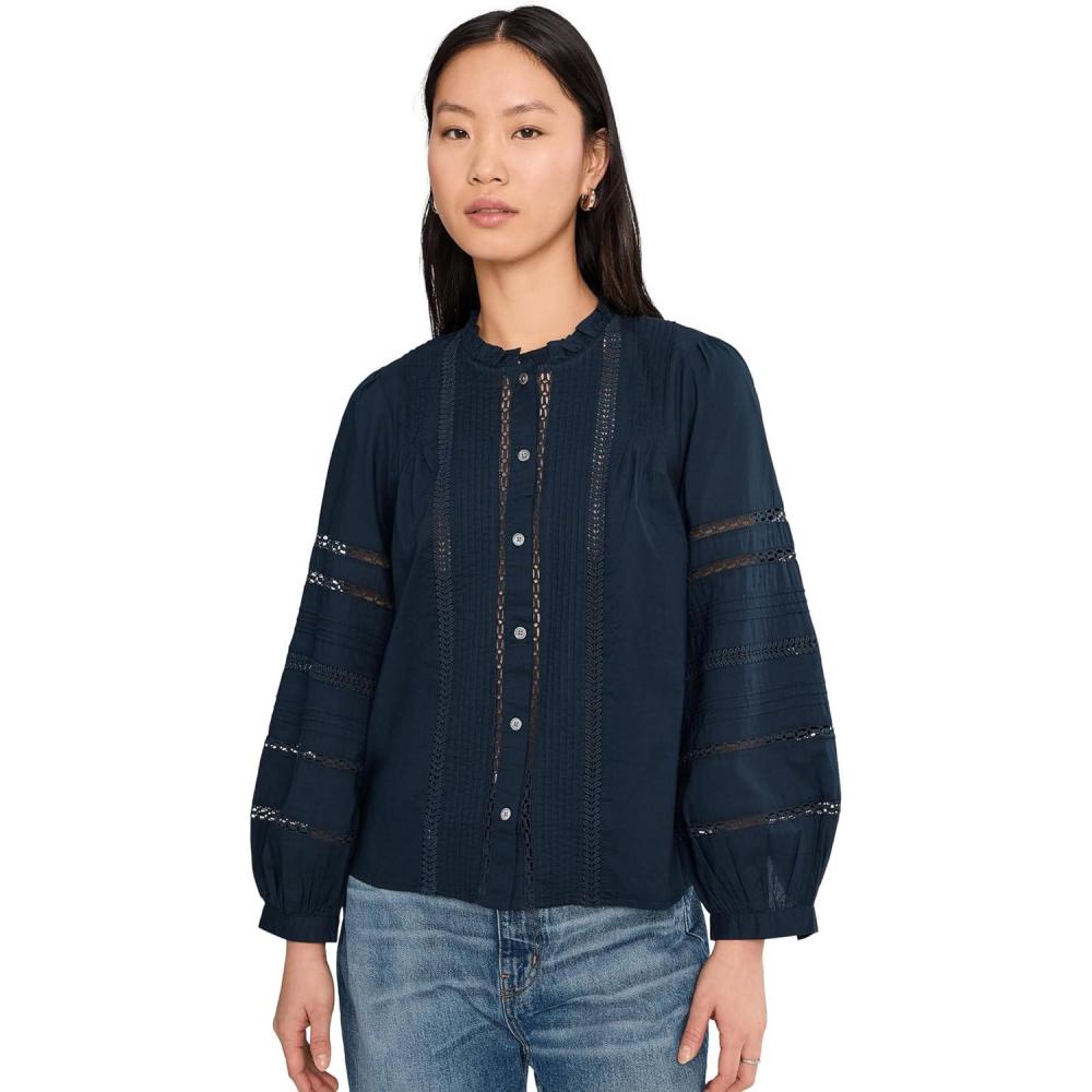 image:imageMadewell Womens HighNeck LaceInsert Pintuck TopClassic Navy