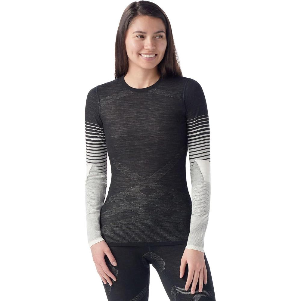 image:imageSmartwool Womens Intraknit Thermal Merino Base Layer Crew Breathable Merino Wool Long Sleeve ShirtBlackwhite Stripe