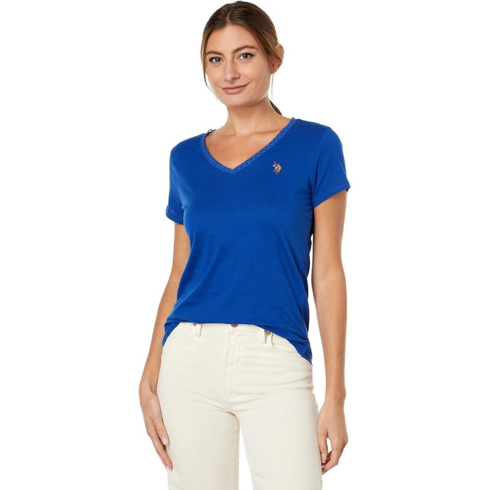 image:imageUS POLO ASSN Scallop Edge Trim VNeck Tee Shirt Sodalite Blue LG