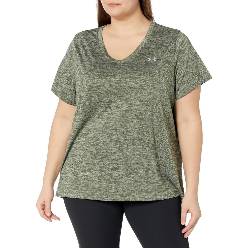 image:imageUnder Armour Womens Tech ShortSleeve VNeck Twist390 Marine Od Green Metallic Silver