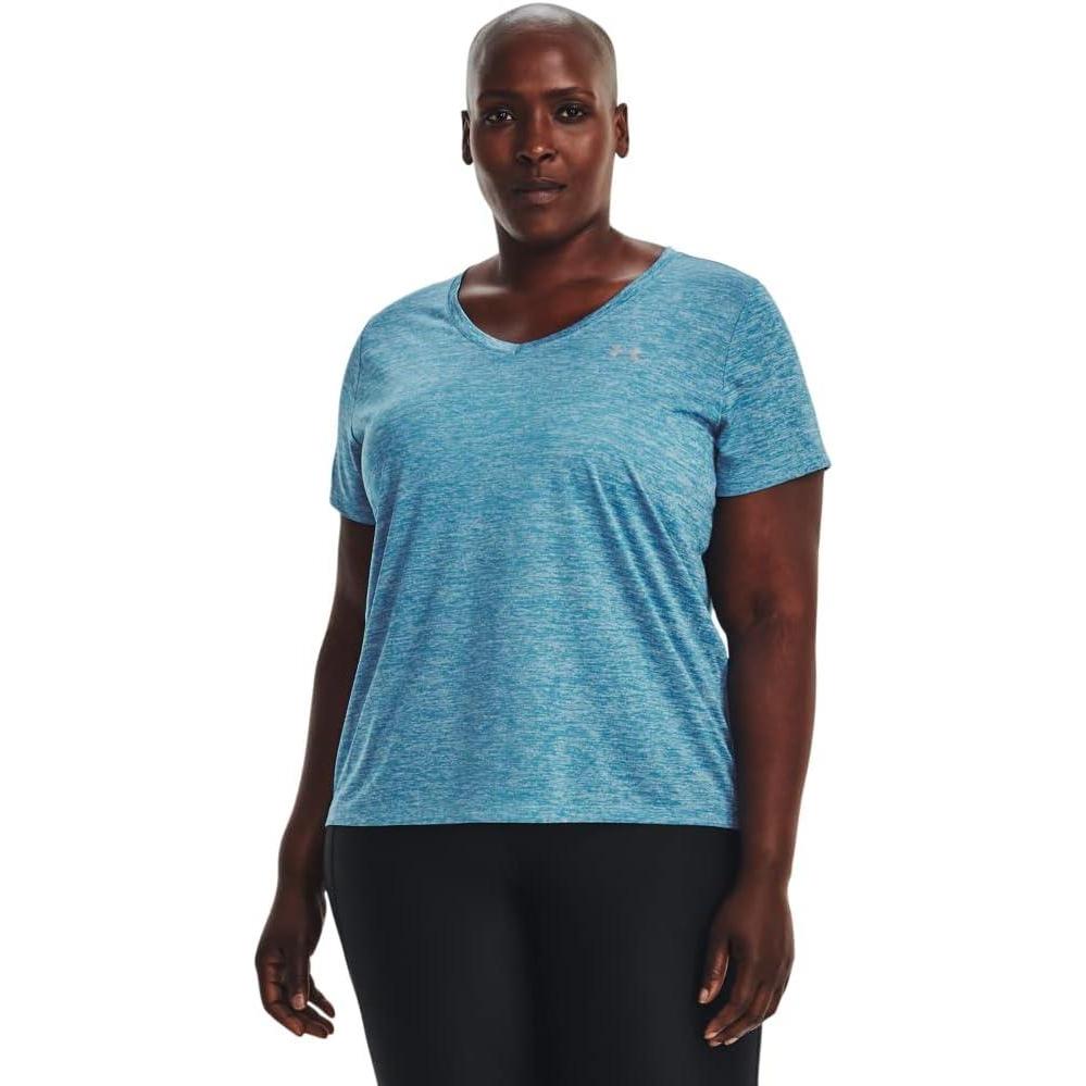 image:imageUnder Armour Womens Tech ShortSleeve VNeck Twist422 Capri Fuse Teal Metallic Silver