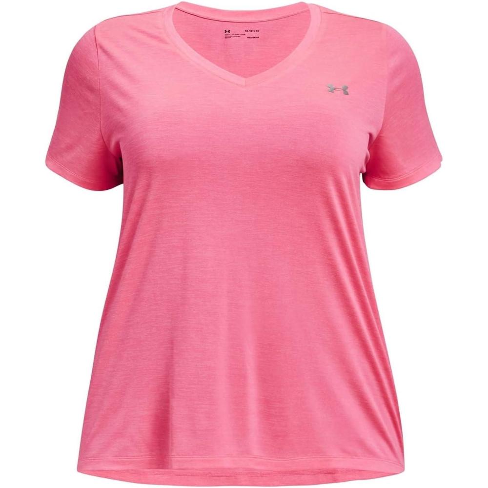 image:imageUnder Armour Womens Tech ShortSleeve VNeck Twist643 Pink Punk Metallic Silver