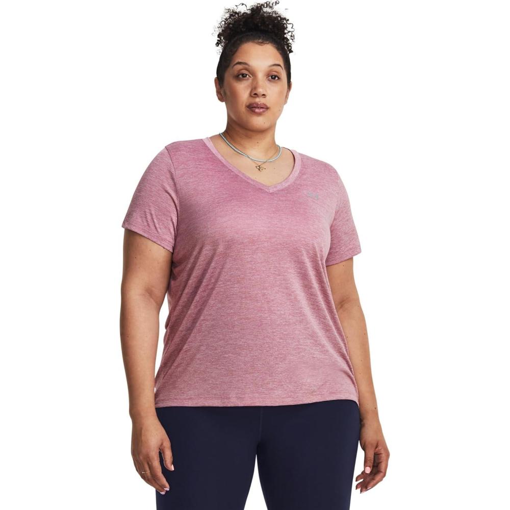 image:imageUnder Armour Womens Tech ShortSleeve VNeck Twist697 Pink Elixir White Metallic Silver
