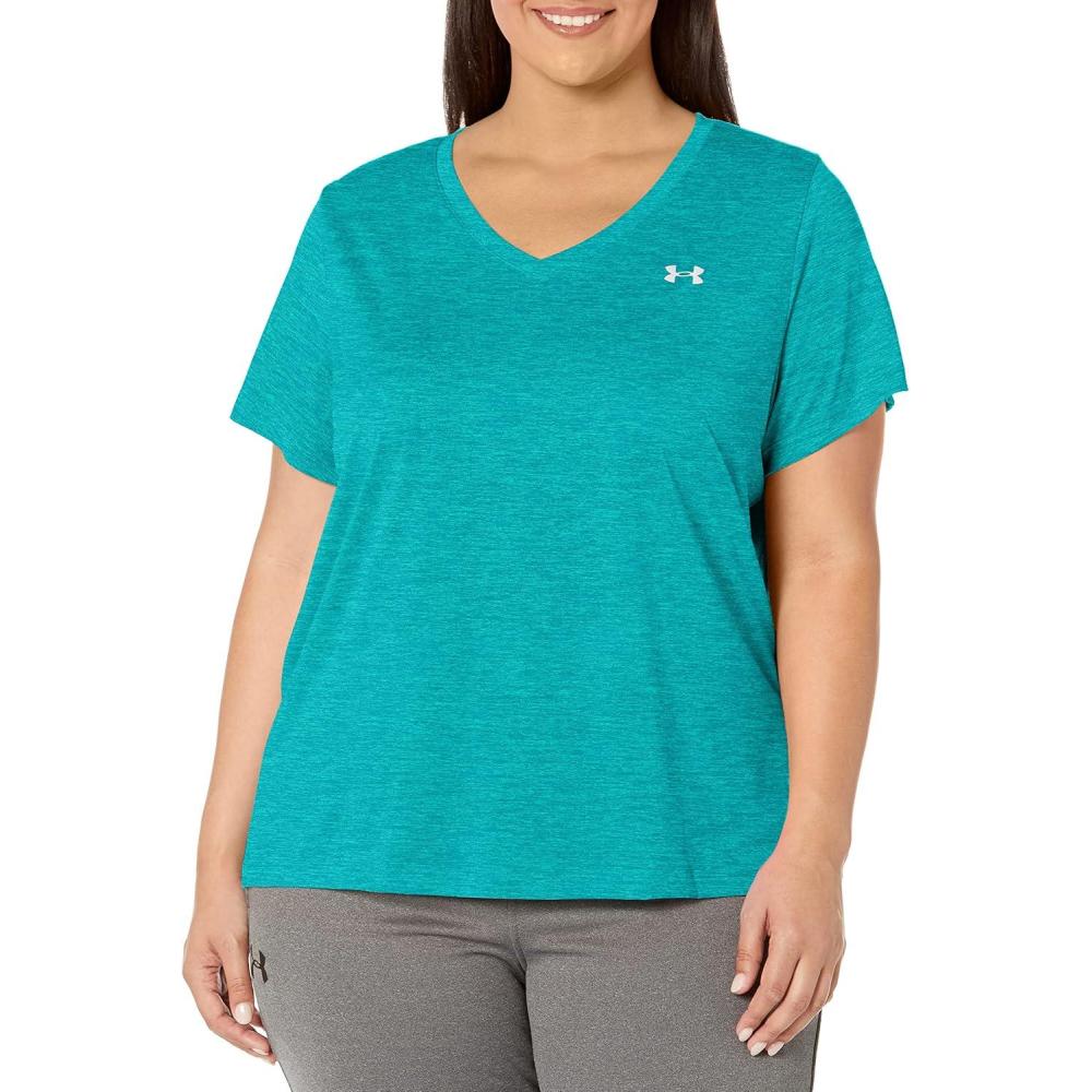 image:imageUnder Armour Womens Tech ShortSleeve VNeck Twist722 Coastal Teal Birdie Green Metallic Silver
