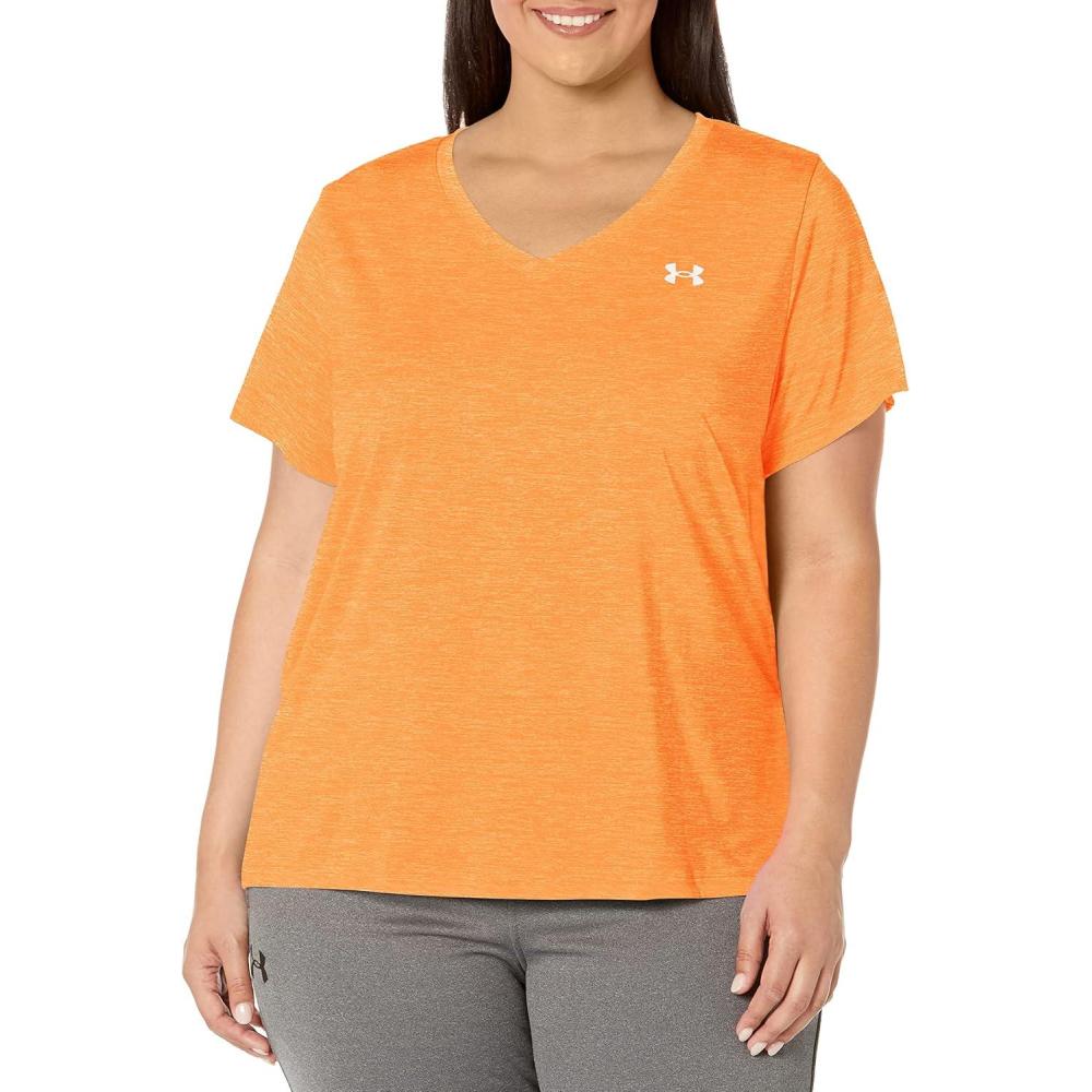 image:imageUnder Armour Womens Tech ShortSleeve VNeck Twist799 Starfruit Orange Blast Metallic Silver