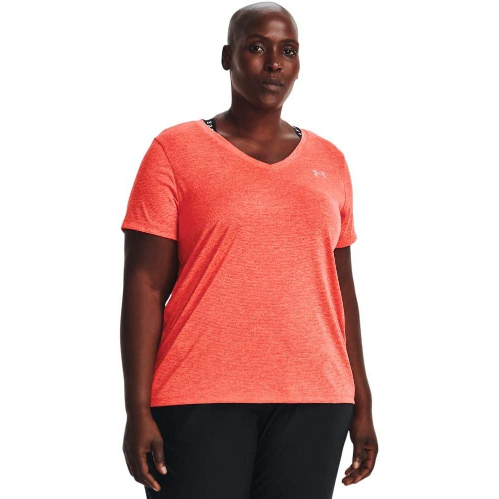 image:imageUnder Armour Womens Tech ShortSleeve VNeck  TwistElectric Tangerine 824Metallic Silver