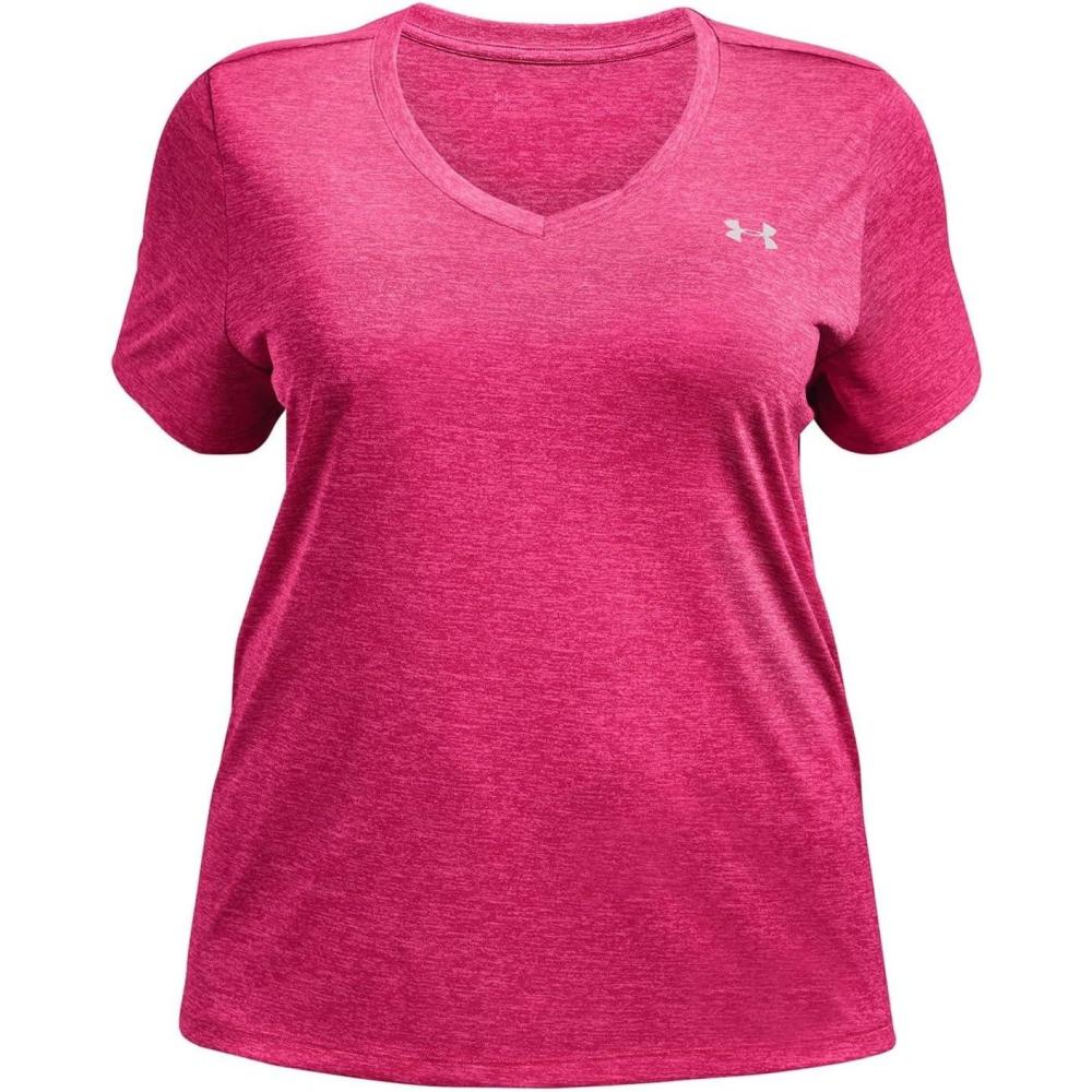 image:imageUnder Armour Womens Tech ShortSleeve VNeck TwistElectro Pink 695Metallic Silver