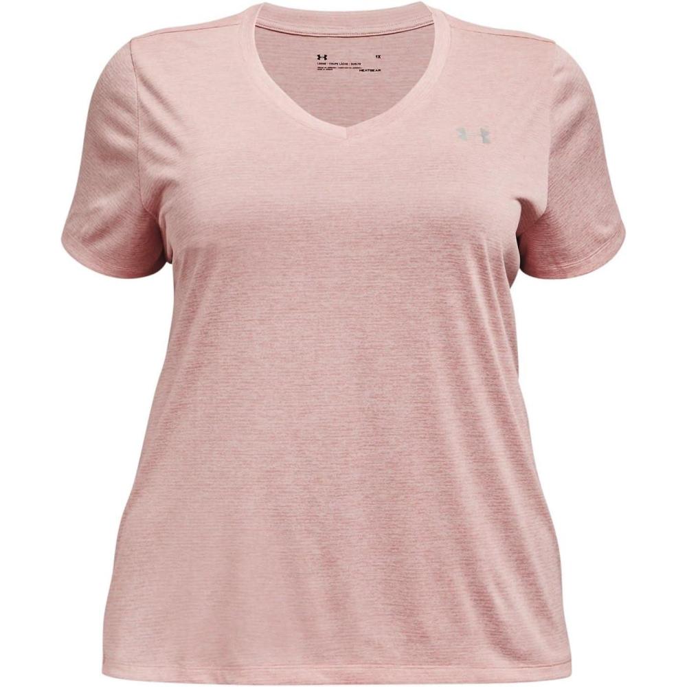 image:imageUnder Armour Womens Tech ShortSleeve VNeck TwistMicro Pink 685Metallic Silver