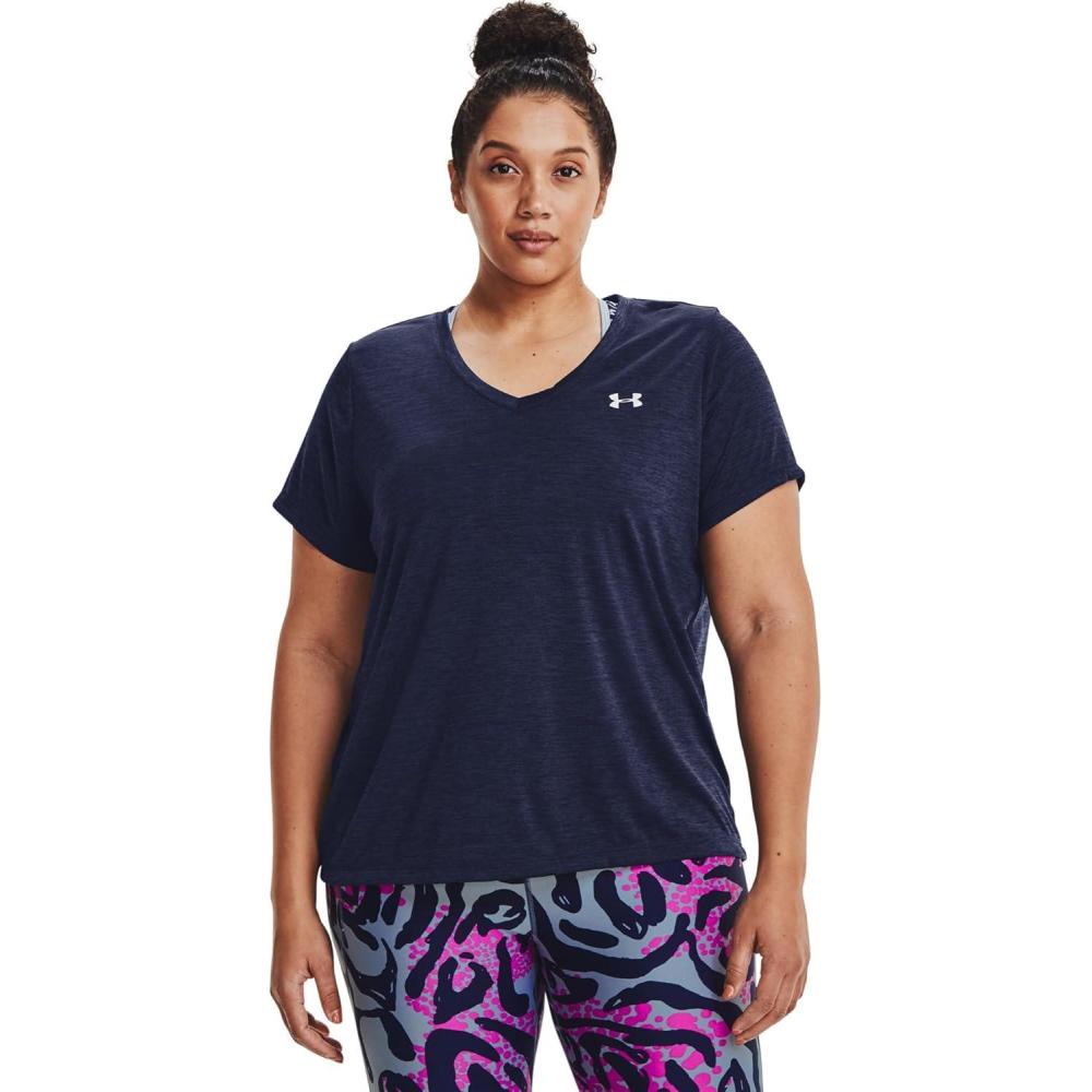 image:imageUnder Armour Womens Tech ShortSleeve VNeck TwistMidnight Navy 411Metallic Silver