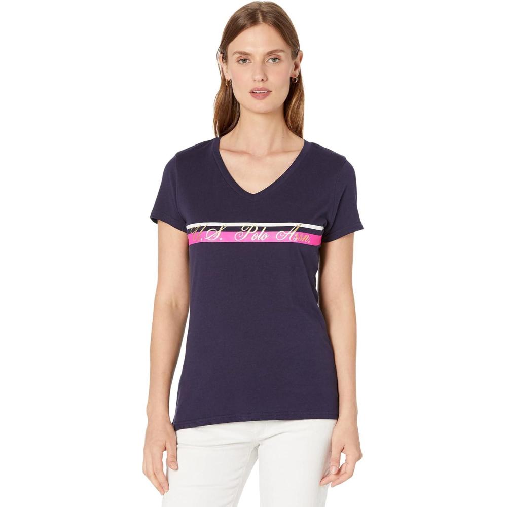 image:imageVNECK STRIPE FOIL GRAPHIC TSHIRTEvening Blue