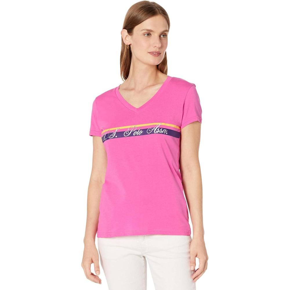 image:imageVNECK STRIPE FOIL GRAPHIC TSHIRTPink Pizazz