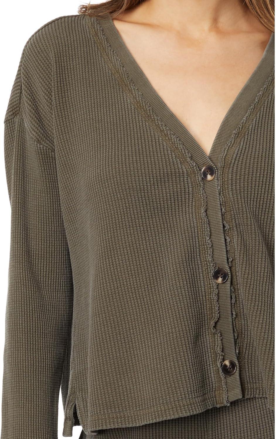 image:imageModODoc Washed Waffle Long Sleeve Button Front CardiOlive Thistle
