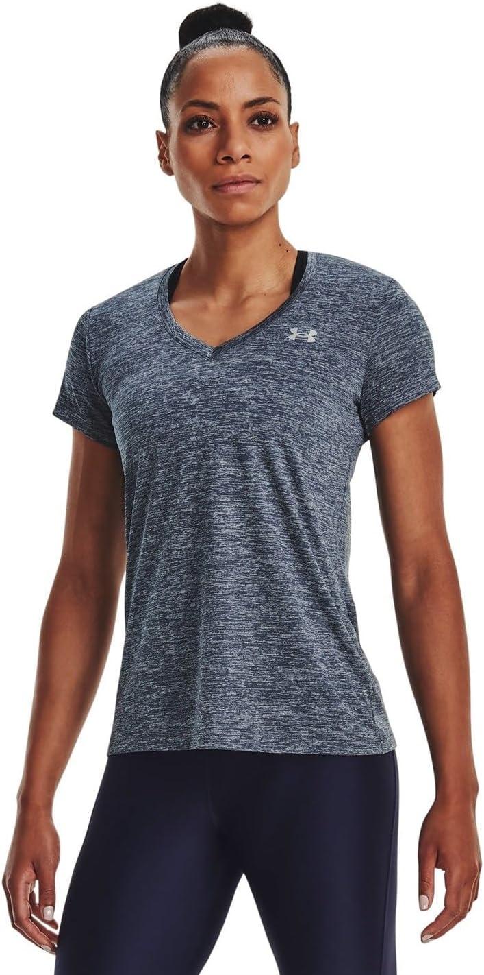 image:imageUnder Armour Womens Tech VNeck Twist ShortSleeve TShirt045 Downpour Gray Harbor Blue Metallic Silver