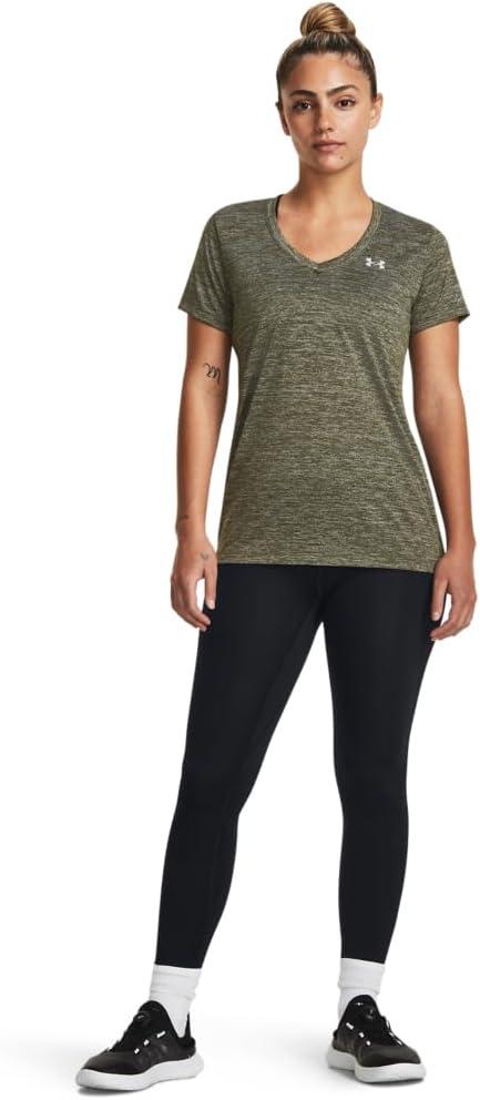 image:imageUnder Armour Womens Tech VNeck Twist ShortSleeve TShirt390 Marine Od Green White Metallic Silver